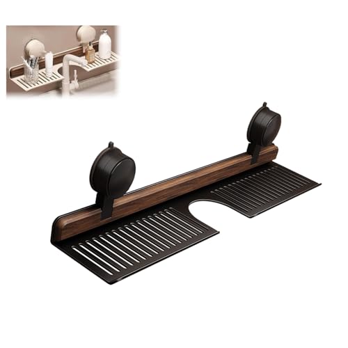 Walnuss-Regal für Badezimmer, Küche, Saugnapf, Wandmontage, Waschbeckenregal über Wasserhahn, abnehmbarer Waschbecken-Wasserhahn-Organizer, Holz-Wasserhahn-Aufbewahrungsregal (schwarz, 40 cm) von Waycin