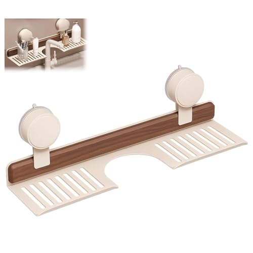 Walnuss-Regal für Badezimmer, Küche, Saugnapf, Wandmontage, Waschbeckenregal über Wasserhahn, abnehmbarer Waschbecken-Wasserhahn-Organizer, Holz-Wasserhahn-Aufbewahrungsregal (weiß, 50 cm) von Waycin