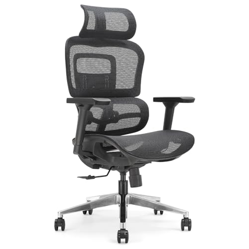 Ergonomischer Bürostuhl, atmungsaktives Netzgewebe, verstellbare Rückenlehne, Lendenwirbelstütze, Kopfstütze, 3D-Armlehnen, Gleitsitz, Synchronschwingung, 3 Positionen, Aluminiumfuß – BIFMA – Schwarz von Waytex