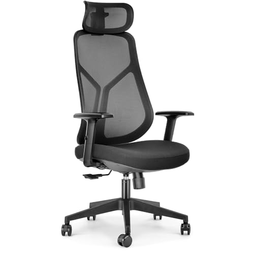 Ergonomischer Bürostuhl aus Stoff und Mesh – verstellbare Kopfstütze 2D – verstellbare Armlehnen – Sitz aus Memory-Schaum – Synchronschwingung, 3 Positionen – Intensive Nutzung für mehr als 7 Stunden von Waytex
