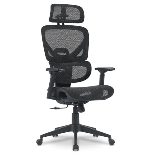 Ergonomischer Bürostuhl mit gespannter Mesh-Sitzfläche – Kopfstütze und Armlehnen verstellbar 3D – dynamische Lendenwirbelstütze – synchrone Schwingfunktion – intensiver Gebrauch + 7 Stunden – Schwarz von Waytex