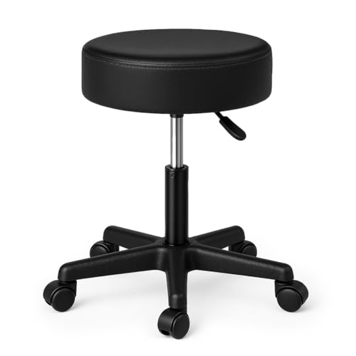 Waytex Arbeitshocker mit Rollen, 360 Grad drehbar, Sitzhöhe verstellbar von 44 bis 58 cm, Bequeme Sitzfläche, Dicke 9 cm, für Therapeuten, Friseure, ästhetische Einrichtungen, Schwarz von Waytex
