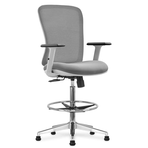 Waytex Hochstuhl, höhenverstellbar, 60-84 cm, mit Fußstütze und verstellbaren Armlehnen, für hohen Schreibtisch, Zeichentisch, Arbeitstisch, Hellgrau von Waytex
