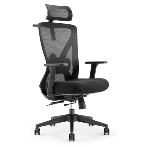 Waytex LESATH Bürostuhl mit Kopfstütze und Armlehnen, Computerstuhl, Profi-Qualität, 10 unabhängige Einstellungen, Synchronschwingsitz mit Lendenwirbelstütze – Schwarz von Waytex