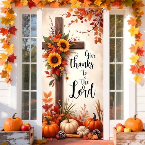 Türabdeckung mit Aufschrift "Give Thanks to The Lord", Dekoration, Herbst-Kürbis-Veranda-Banner, Schild, religiöses Kreuz, Haustürabdeckung, Willkommens-Sonnenblumen-Hintergrund, Schild für Herbst von Wayyogh
