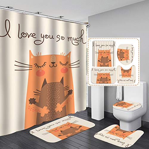 Badezimmermatte Orange Katze Beige Fußmatte Set 3 Teilig,Duschvorleger rutschfest(45x75cm)+U-Typ Wasseraufnahme Badezimmerteppich+Schnelltrocknend Bath Mat Langlebig Badvorleger Set von Wazylphin