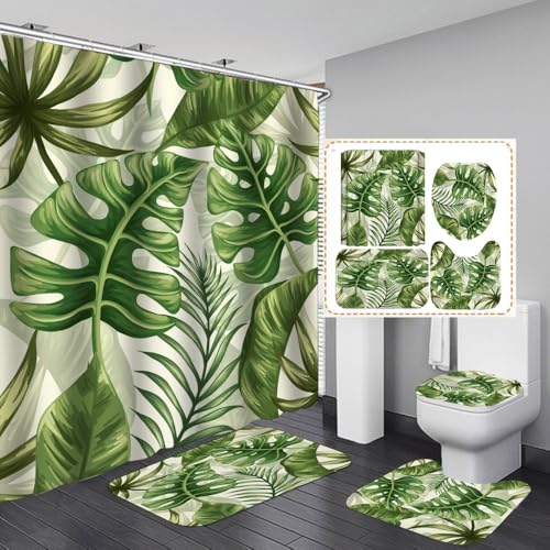 Badezimmermatte Vintage Grüne Blätter Fußmatte Set 3 Teilig,Duschvorleger rutschfest(50x80cm)+U-Typ Wasseraufnahme Badezimmerteppich+Schnelltrocknend Bath Mat Langlebig Badvorleger Set von Wazylphin