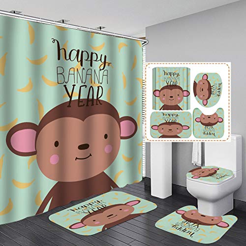 Wazylphin Duschvorhang Braun AFFE Grün Badezimmermatte Verdickung Fußmatte Set,Badevorhang Stoff+Badezimmerteppich rutschfeste(45x75cm)+U-Typ Bath Mat Wasseraufnahme+Toilette Badmatte von Wazylphin