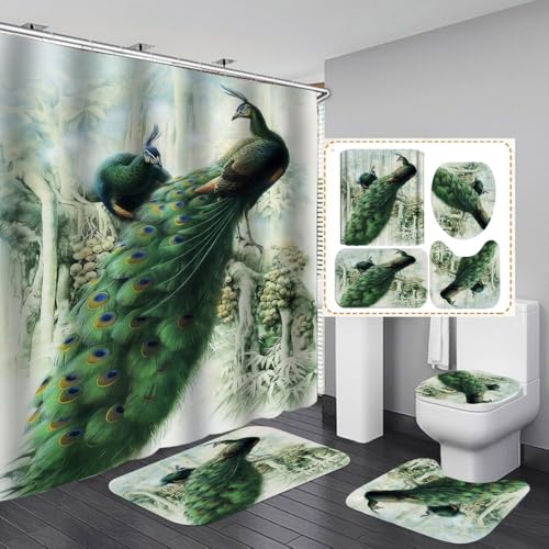 Wazylphin Duschvorhang Pfauwgrüner Baum Badezimmermatte Verdickung Fußmatte Set,Badevorhang Stoff+Badezimmerteppich rutschfeste(50x80cm)+U-Typ Bath Mat Wasseraufnahme+Toilette Badmatte von Wazylphin