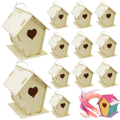 12pcs Vogelhaus Kit, DIY unbemalte hölzerne Vogelhäuser Herz & Zaun Vogelhaus mit hängenden Haken 4x4, 3 x 5, 5 kleine Häuser für Erwachsene Kinder, um Haus zu Bauen von Wbaioluy