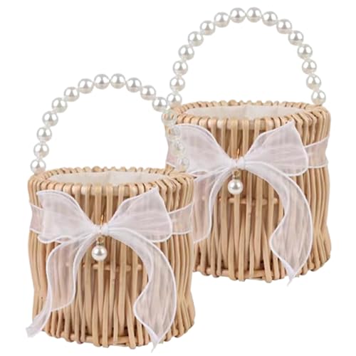 Blumenmädchenkorb Set aus 2 Rattan Blumenkorb mit Perlengriff und Bugdekorationsmädchenkörbe für Hochzeiten Zeremonie, Style2 von Wbaioluy