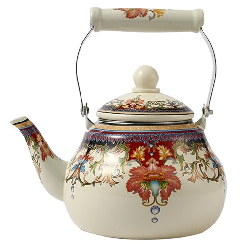 Emaille Teekessel 2, 5-l-hitzebeständige Vintage-Teekessel mit Keramikkühlgriff rostfleisches Blumen ohne Pfeifen leicht zu reinigender Teekanne für Herd Blumenblumen von Wbaioluy