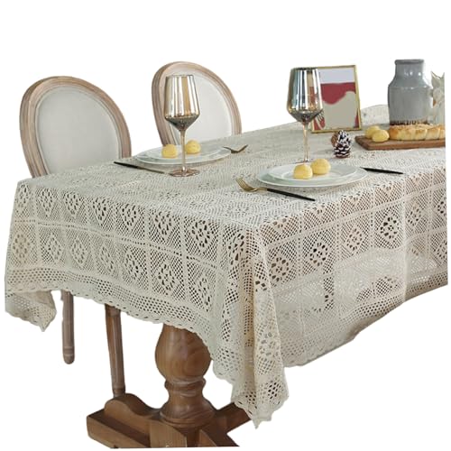 Häkeltischdecke 55 x 95 Zoll Quadratmuster Boho Tischdecke mit Spitzenverkleidung hohl dekorative rechteckige Tischtuch zum Essen, Party, Hochzeitspitze von Wbaioluy