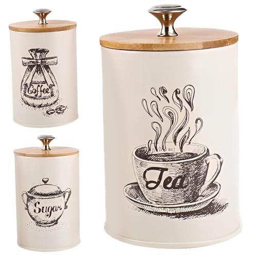 Kaffee- und Zuckerbehälter Set 3pcs Kaffee Tee Zucker Kanister Set 32 Unzen Metallküchenküchenkanister mit Bambus Deckel luftdicht versiegelte Lebensmittel Aufbewahrungsglas für Arbeitsplatten -Dekor von Wbaioluy