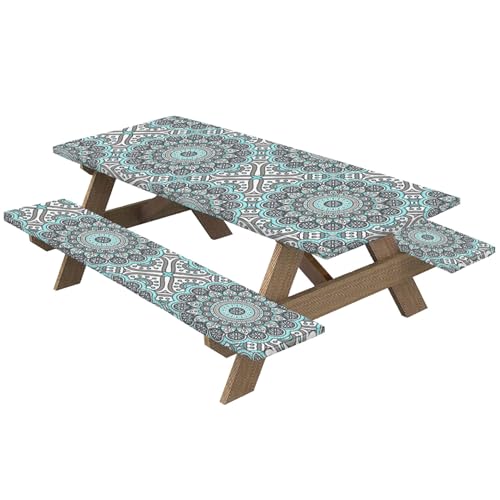 Picknicktischabdeckung mit Bankabdeckungen geometrischer Picknicktischabdeckungsabdeckung wasserdichte Abdeckungen mit elastischen wiederverwendbaren Camping -Tischdecke Windschutztücher für Outdoor von Wbaioluy