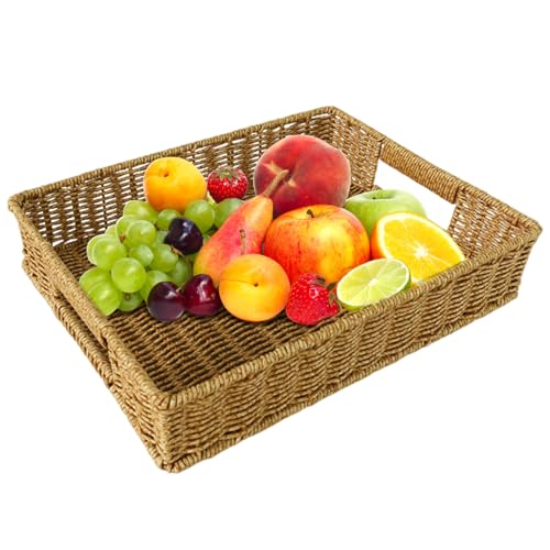 Rechteck Wicker Tablett mit Griffen, handgefertigtem Plastik -Rattan -Tablett, großer Kapazität Japanischer Speicherkorb für Kaffeetisch, Kaffee, Brot, Früchte, Snacks überbrodelt Rechteck Wicker Tablett mit Griffen, handgefertigtem Plastik -Rattan -Tablett, großer Kapazität Japanischer Speicherkorb für Kaffeetisch, Kaffee, Brot, Früchte, Snacks überbrodelt von Wbaioluy