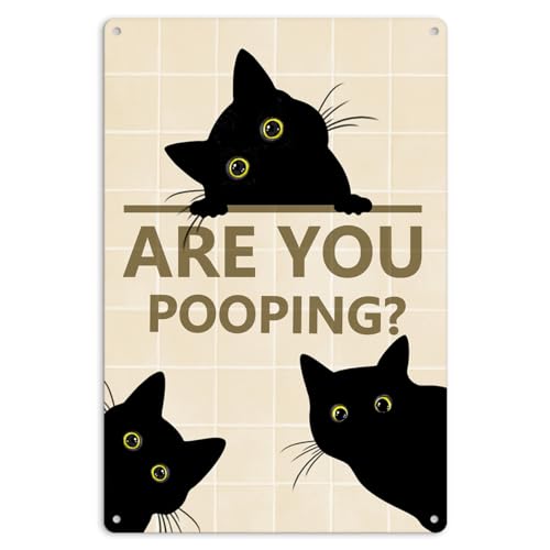 Lustige Blechschilder mit Aufschrift "Black Cat Are You Pooping", Badezimmer-Wanddekoration, Vintage-Wandkunst, Dekoration, Wohnzimmer, Toilette, Poster, 20,3 x 30,5 cm, Beige von Wcguokj