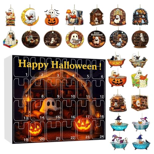 Halloween Countdown-Kalender, Ghost Ornament Display, 24-Tage-Lesendekor-Set, 2D-Acrylhängeanhänger, festliches Spukthema, 1 Box, Tree Mantel Indoor Setup von Wcybym
