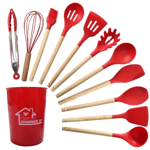 12 Pcs Langes Holzgriff Silikon Spatel Löffel Set Wärmefestigkeit Silikon Kochutensilien Nicht Stall Pfanne Küchengadget von Wdbild