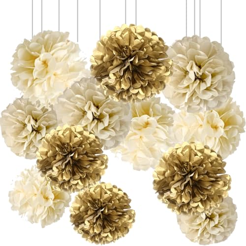 12 Stück Gold Creme Papier Pompons,Beige Weiß Pompoms für Goldene Hochzeit Deko 12 Stück Gold Creme Papier Pompons,Beige Weiß Pompoms für Goldene Hochzeit Deko von We Moment Zone