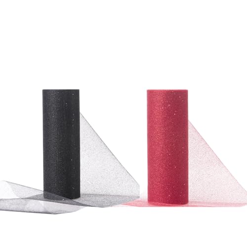 2 Rolle Rot Schwarz Glitter Tüll Dekostoff Tüllband,Satinband tüll Dekostoff Tüll Rolle Tischläufer mit Glitzern aus Tüllstoff Tischband Tüllband für Hochzeit Kommunion Party Deko-15CM X 9M von We Moment Zone