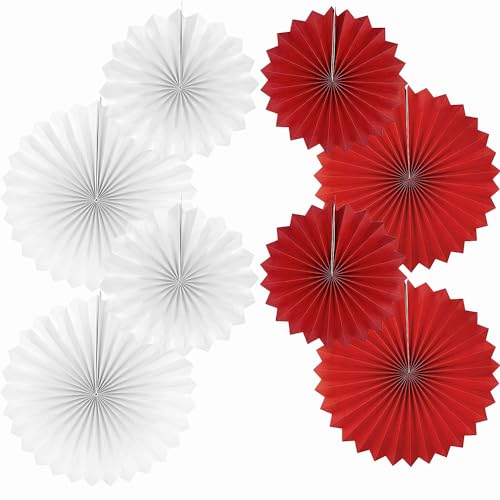 Fächer Deko, Weiß Rot 40.6CM(16in) und 30.4CM(12in) Hängende Papier Fächer, Party Fans Dekorkit 8er Set von We Moment Zone