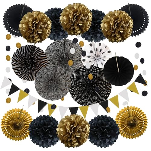 Schwarz Gold Party Dekoration Papier - Pompoms, Aufhängen Fächer, Dreieckige Wimpel und hängende Glitter Punkt Papier Girlande für Party Hochzeit Geburtstag Graduierung Weihnachten Karneval 20 Stück von We Moment Zone