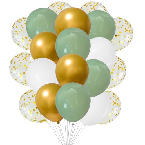 We Moment Zone 12 Zoll Luftballons Salbei Grün Weiß Gold，Retro Grüne Party Latex Ballons Konfetti Luftballons für Geburtstag Babyparty Graduierung Hochzeit Verlobung Party Deko，60 Stück von We Moment Zone