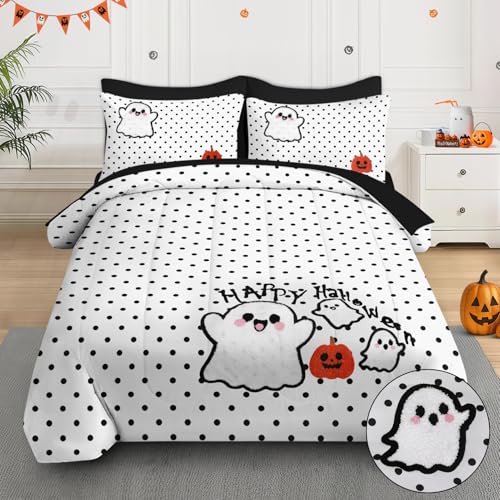 Halloween-Bettwäsche, volle Größe – 3D-Stickerei, Geister-Bettwäsche-Set, niedliches getuftetes Bettwäsche-Set für Kinder und Erwachsene, 7-teilig, schwarz-weiß gepunktet, mit 2 Kissenbezügen und 2 Halloween-Bettwäsche, volle Größe – 3D-Stickerei, Geister-Bettwäsche-Set, niedliches getuftetes Bettwäsche-Set für Kinder und Erwachsene, 7-teilig, schwarz-weiß gepunktet, mit 2 Kissenbezügen und 2 von WeCozy