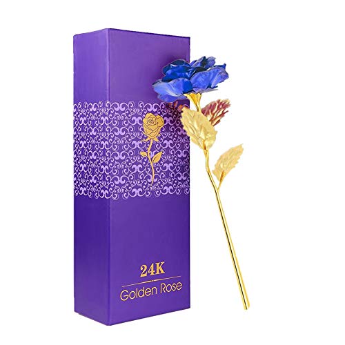 WeFoonLo Creative Künstliche 24K Gold Rose Blume Kunststoff Lange Stiel echte Rose in Gold mit Geschenkbox für Muttertag, Valentinstag, Geburtstag, Thanksgiving Day eingetaucht (Blau + Gold) von WeFoonLo