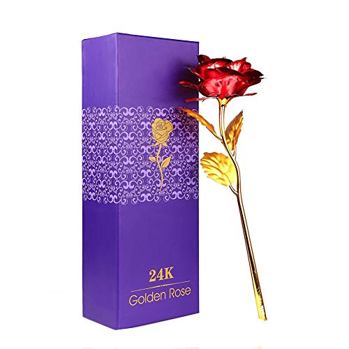 WeFoonLo Creative Künstliche 24K Gold Rose Blume Kunststoff Lange Stiel echte Rose in Gold mit Geschenkbox für Muttertag, Valentinstag, Geburtstag, Thanksgiving Day eingetaucht (Rot + Gold) von WeFoonLo