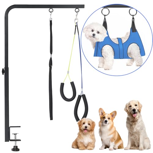 WeGXY Fellpflegetisch für Hunde mit Hängematte, 73,7 cm höhenverstellbarer Haustierpflege-Arm mit Doppelklemme für kleine und mittelgroße Hunde, Fellpflegeschlaufe und kein Sitz-Haunch-Halter von WeGXY