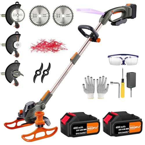WeGofly Akku-Rasentrimmer, (2 x 21V 4.0A Akku und schnelles Ladegerät), 4-in-1-Rasentrimmer/Radkantenschneider/Mini Rasenmäher/Freischneider, mit 2x Sägeblätter, 2x Metallmesser, 20x Trimmerfaden -21T von WeGofly