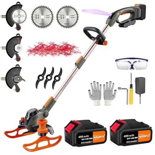 WeGofly Akku-Rasentrimmer, (2 x 21V 4.0A Akku und schnelles Ladegerät), 4-in-1-Rasentrimmer/Radkantenschneider/Mini Rasenmäher/Freischneider, mit 2x Sägeblätter, 3x Metallmesser, 30x Trimmerfaden -21T von WeGofly