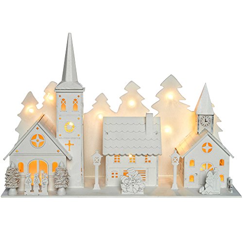 WeRChristmas Dorf mit Kirche aus Holz, beleuchtet, Weihnachtsdekoration mit 12 Warm-weißen LED-Leuchten, Weiß von WeRChristmas