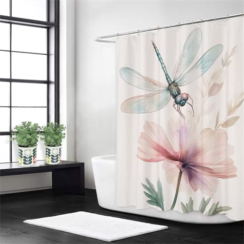 Duschvorhang Weiß Duschrollo für Badewanne Libelle Anti Schimmel Wasserdicht Polyester Stoff Waschbar Shower Curtain Set,Beschwerter Saum,Mit 12 Duschvorhangringe,für Badezimmer Deko 150x200 cm -h159 von Weaejoan