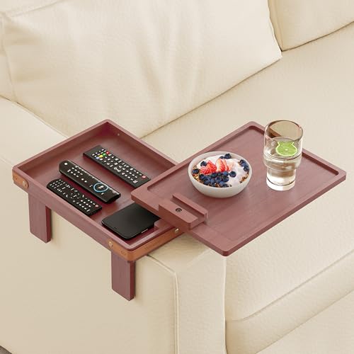 Wealone Rosébraun Sofatablett Armlehne, Sofalehne Ablage mit Aufbewahrungsbox, 360° Drehbarem Tischplatte und Handyhalter, Verstellbarer Clip On Sofa Tablett für Breites Couch, Couch Ablage für Essen von Wealone