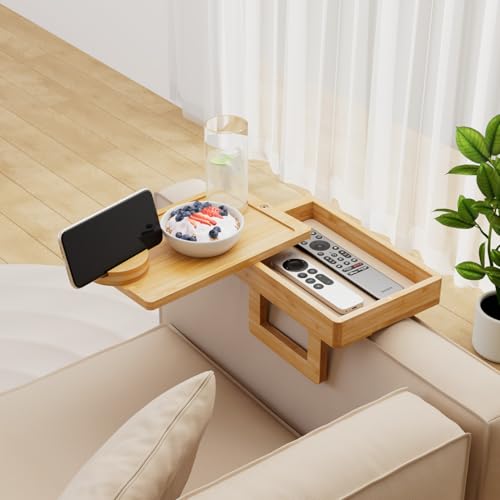 Wealone Mini Sofatablett, Couch Ablage für Armlehne mit Aufbewahrungsbox, Sofa Armlehnen Tablett, 360° Drehbarem Handyhalter, Bambus Tablett für Getränke, Snack, Armlehne ≤18 cm Breit von Wealone