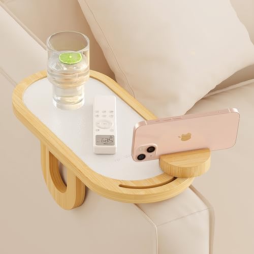 Wealone Oval Sofatablett Armlehne, Bambus Couch Tablett Armlehne, Couch Ablage mit 360°Abnehmbarem Handyhalter, Sofa Armlehne Ablage für Snacks oder Essen von Wealone