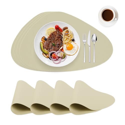 WearLegend Tischset Abwaschbar und Wasserdicht，4er Set Leder-Imitat Platzdeckchen Platzset, rutschfeste Noppen-Unterseite & Schneidbar für Küche & Büro & Party,Oval-Beige von WearLegend