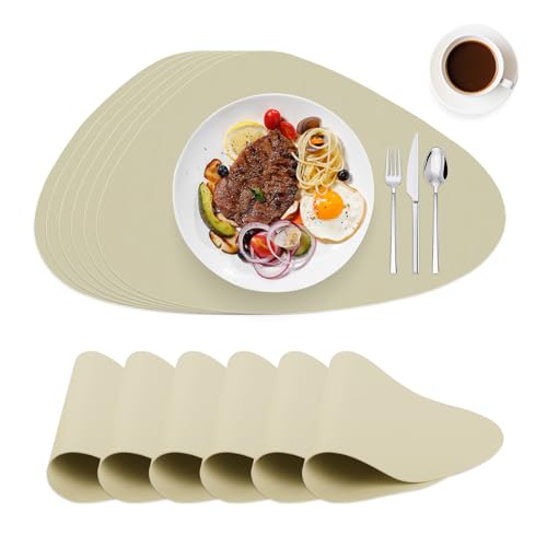 WearLegend Tischset Abwaschbar und Wasserdicht，6er Set Leder-Imitat Platzdeckchen Platzset, rutschfeste Noppen-Unterseite & Schneidbar für Küche & Büro & Party,Oval-Beige von WearLegend