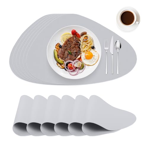 WearLegend Tischset Abwaschbar und Wasserdicht，6er Set Leder-Imitat Platzdeckchen Platzset, rutschfeste Noppen-Unterseite & Schneidbar für Küche & Büro & Party,Oval-Grau von WearLegend