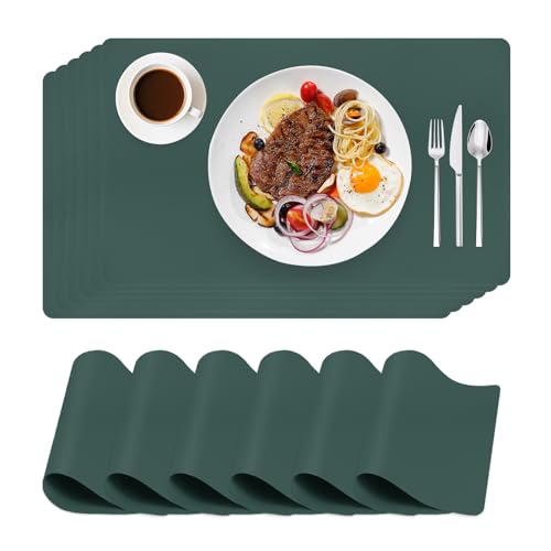 WearLegend Tischset Abwaschbar und Wasserdicht，6er Set Leder-Imitat Platzdeckchen Platzset, rutschfeste Noppen-Unterseite & Schneidbar für Küche & Büro & Party,Rechteckig-Grün von WearLegend