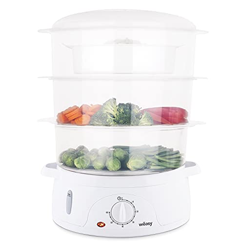 Wëasy Elektrischer Dampfgarer VEGE8 Multifunktions 9 l kompakt, 3 stapelbare Schalen zum Kochen von Eiern, Gemüse, Fleisch, Fisch, Rizkocher, Timer 60 Minuten, Vitaminaufbewahrung von Wëasy