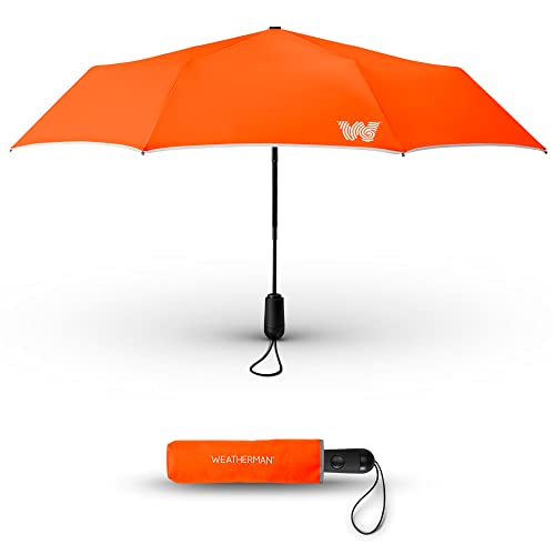 Weatherman Reise-Regenschirm – winddichter kompakter Regenschirm – stark und widersteht bis zu 25 km/h Wind und starkem Regen – toller Mini-Regenschirm für Rucksack (Neonorange) von Weatherman