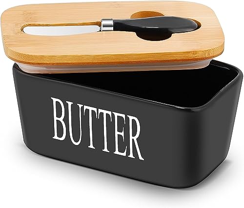 Webao Keramic Butterdose Multi-Funktion Emaille Butter Boot mit Holzdeckel Hochwertiger Butterbehälter mit Silikon-Dichtlippe für 250 g Butter , Schwarz von FOXCUP