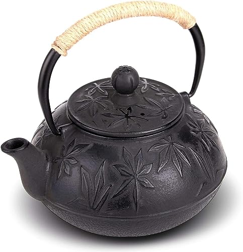 Webao Teekanne Gusseisen, 800ml Asiatische Teekanne Teekessel mit Edelstahl Sieb, Schwarz Ahornblätter von Webao