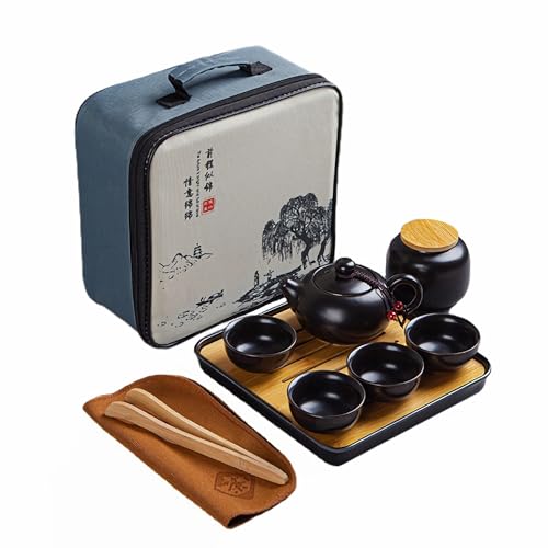 Webao Teekanne Sets, Chinesisches Kungfu Teeservice, Keramik Teekanne mit 4 Tassen und Teedose Tablett, All-in-One Geschenk Reiseteeset für Losen Tee, Schwarz von Webao