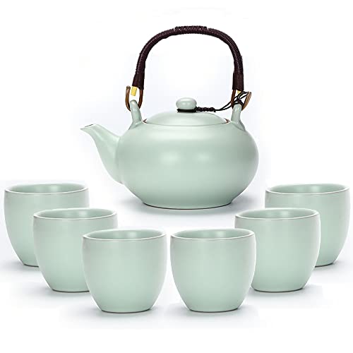 Webao Teeservice Chinesische Tee Set aus Keramik, 600ml Teekanne und 6 Tasse 120ml Kungfu Tee Services, Ofenveränderte Glasur asiatische Teekanne für Teeliebhaber, Grün von Webao