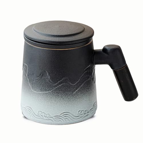 Webao Teetassen mit Sieb und Deckel, 360ml Matte Keramik Teetasse mit Gradienten Geprägtem Muster, Holzgriff Teebecher für Teeliebhaber Geschenke, Schwarz und Weiß von Webao